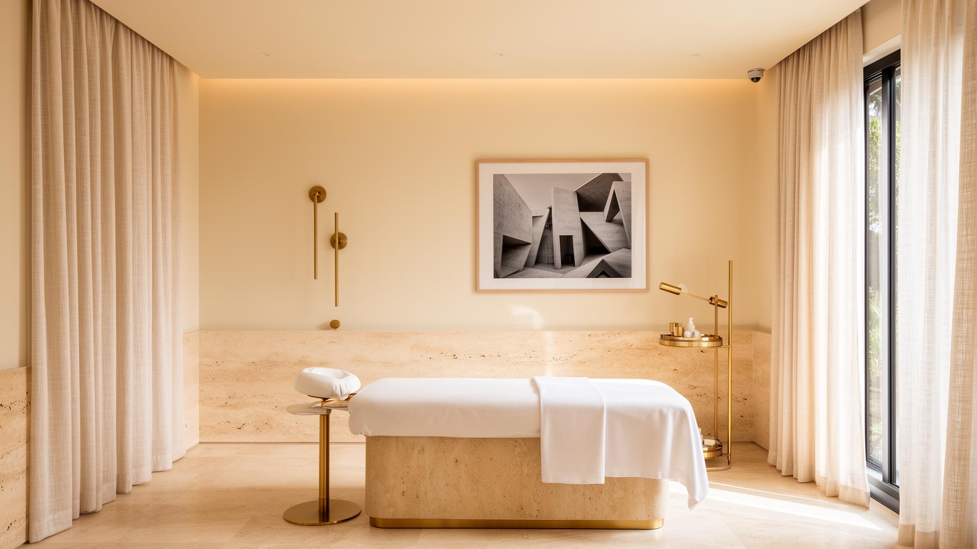 Aesthetic Haus clinic interior in warm travertine and linen